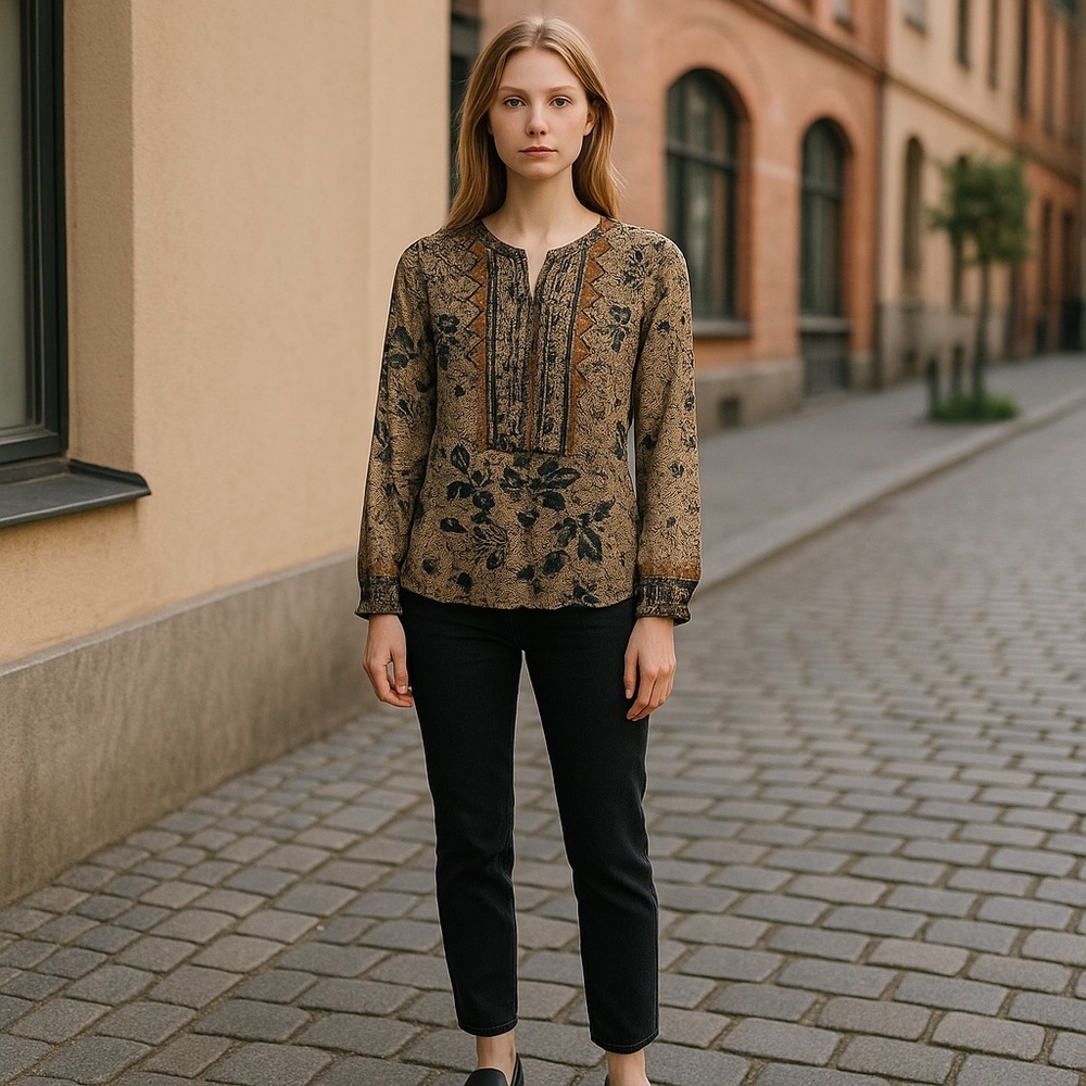 Ice Tan Ruffled Blouse with Bib Collar and Embellished Details